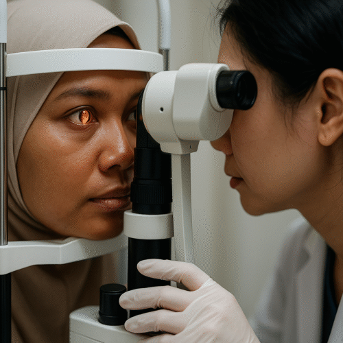 Ophthalmologist examining a Malay woman at a slit lamp; orange retinal reflex visible in a clean clinic.