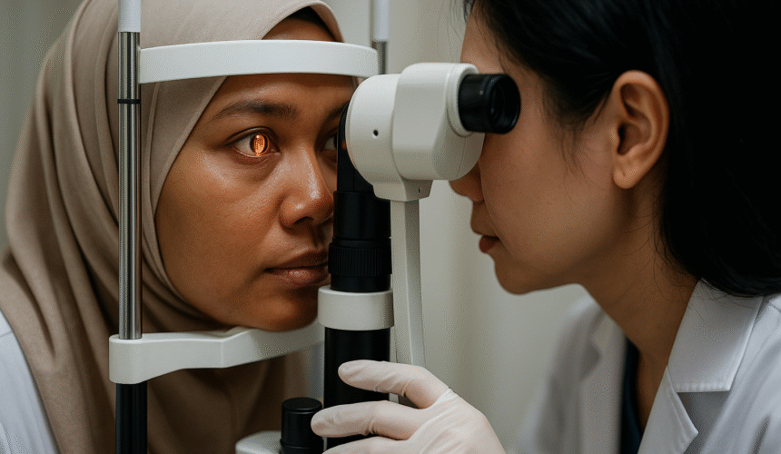 Ophthalmologist examining a Malay woman at a slit lamp; orange retinal reflex visible in a clean clinic.