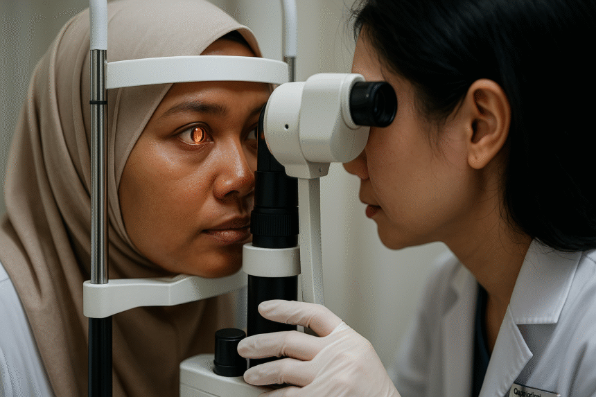 Ophthalmologist examining a Malay woman at a slit lamp; orange retinal reflex visible in a clean clinic.